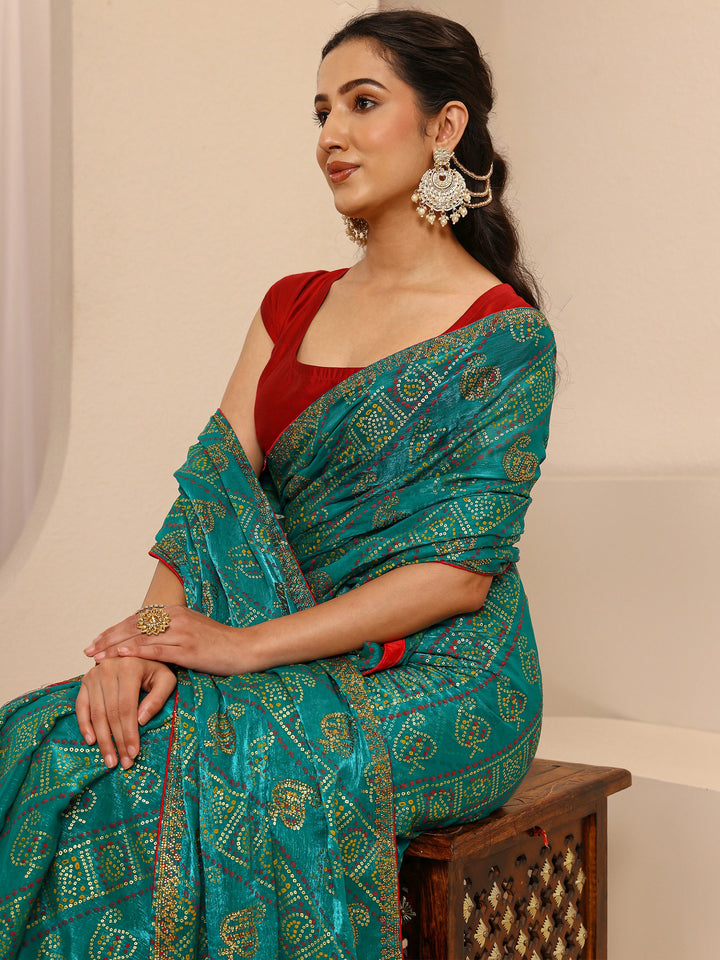 Green Bandhani Printed Silk Blend Saree With Unstitched Blouse Piece