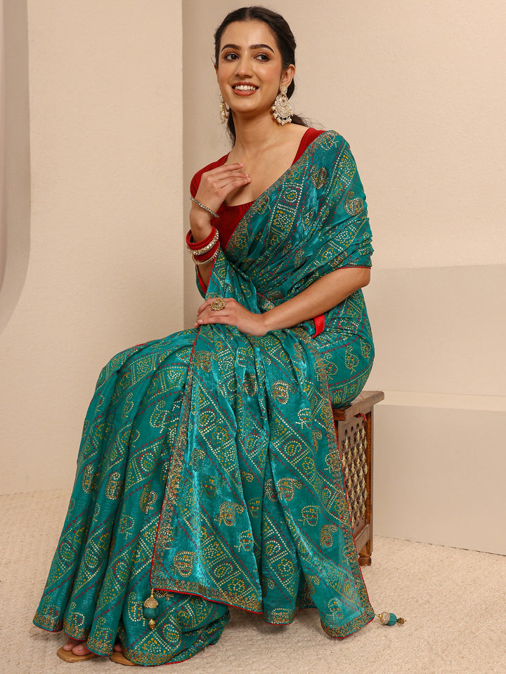 Green Bandhani Printed Silk Blend Saree With Unstitched Blouse Piece