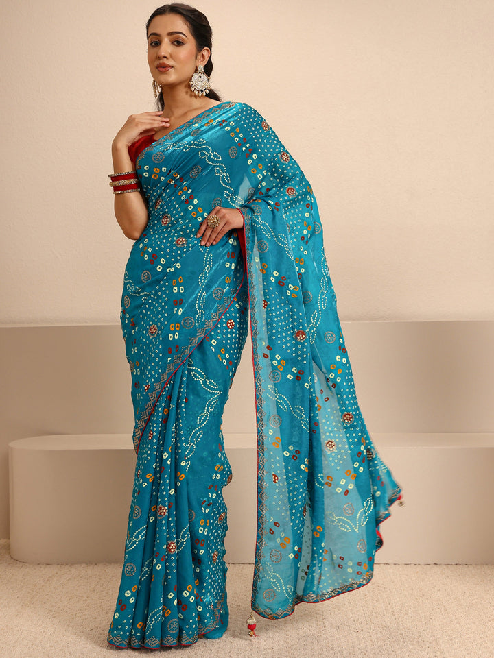 Blue Bandhani Printed Silk Blend Saree With Unstitched Blouse Piece