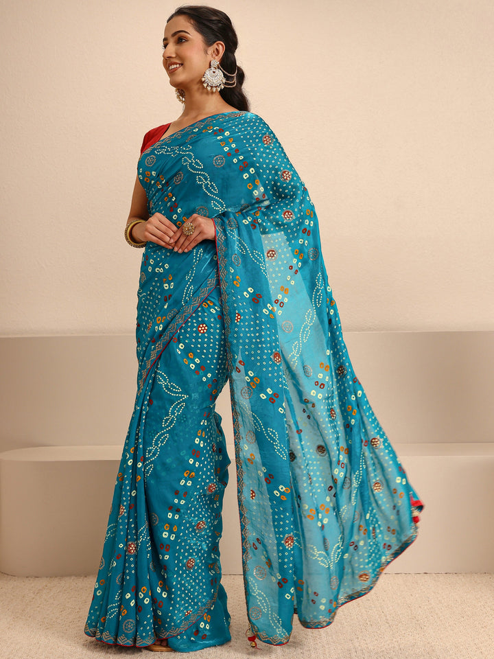 Blue Bandhani Printed Silk Blend Saree With Unstitched Blouse Piece