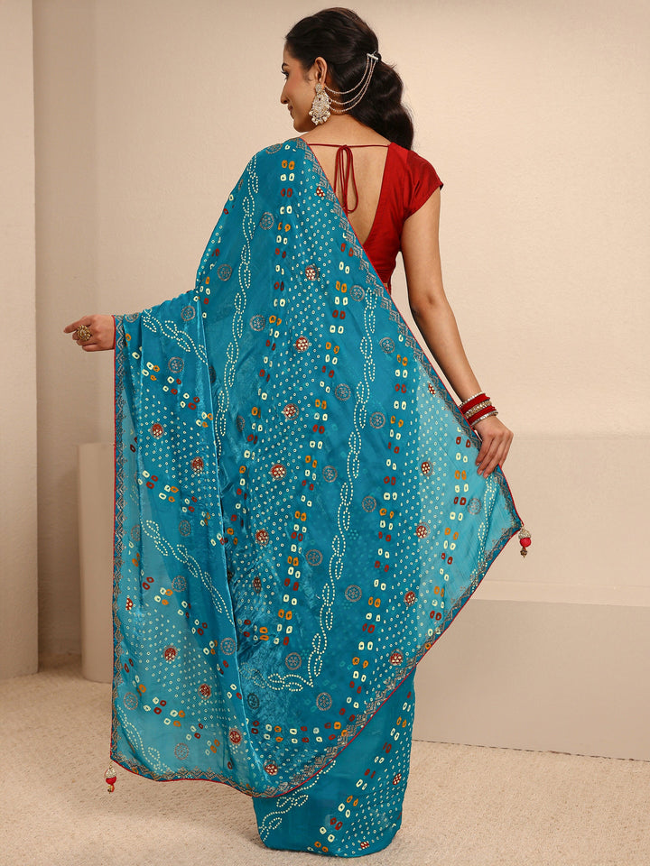 Blue Bandhani Printed Silk Blend Saree With Unstitched Blouse Piece