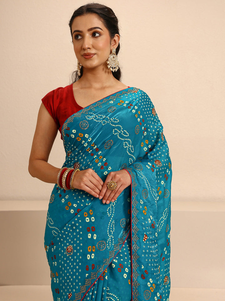 Blue Bandhani Printed Silk Blend Saree With Unstitched Blouse Piece