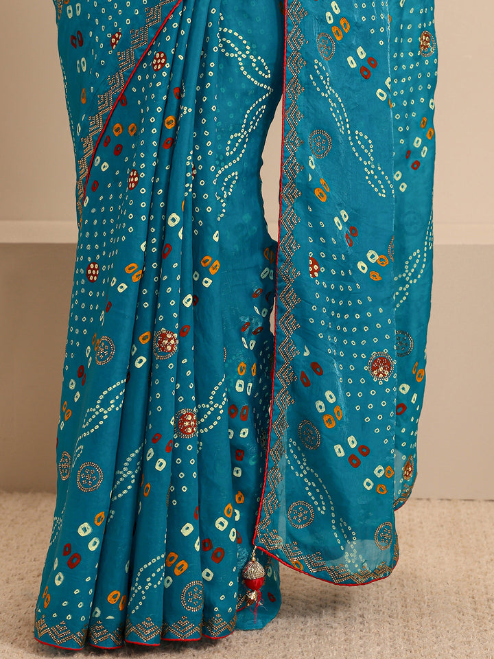 Blue Bandhani Printed Silk Blend Saree With Unstitched Blouse Piece
