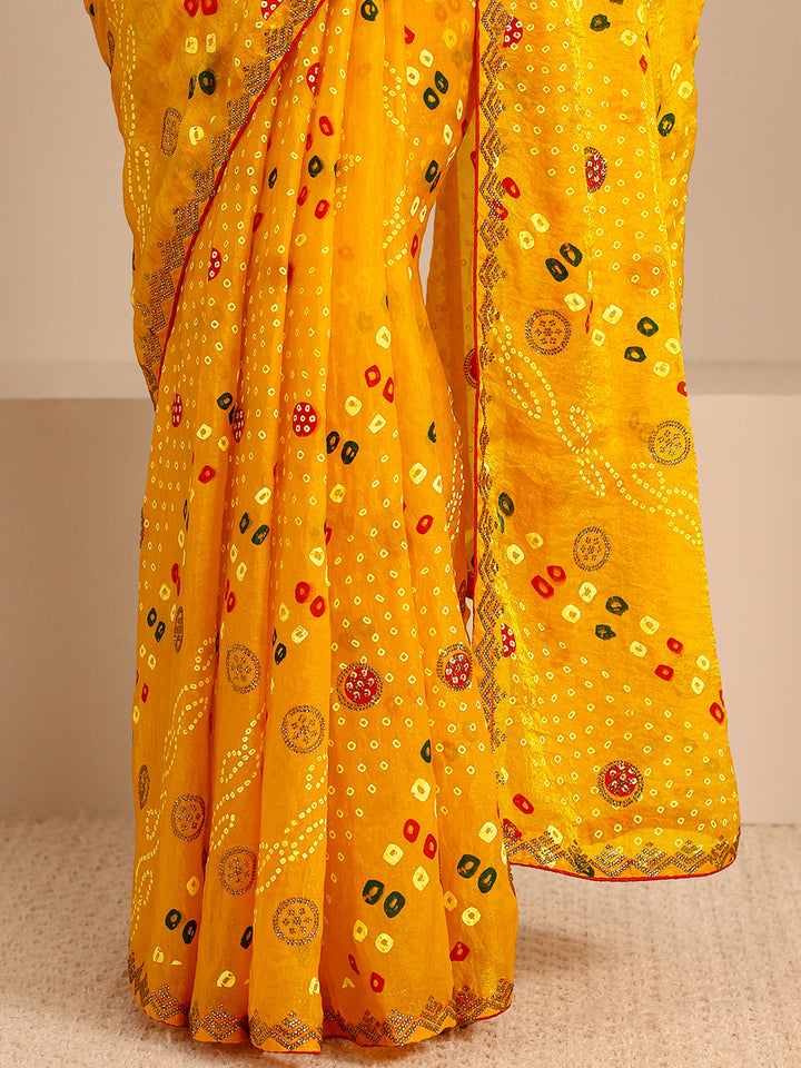 Mustard Bandhani Printed Silk Blend Saree With Unstitched Blouse Piece