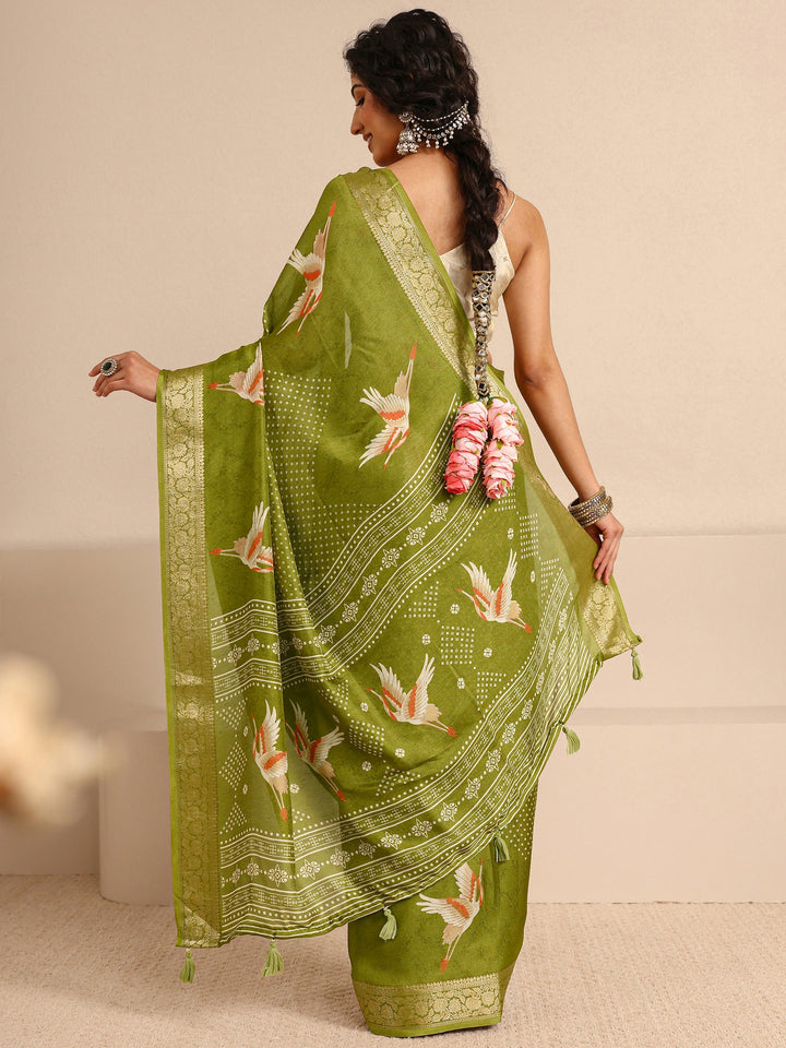 Green Quirky Printed Silk Blend Saree With Unstitched Blouse Piece