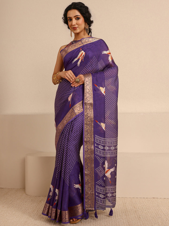 Purple Quirky Printed Silk Blend Saree With Unstitched Blouse Piece
