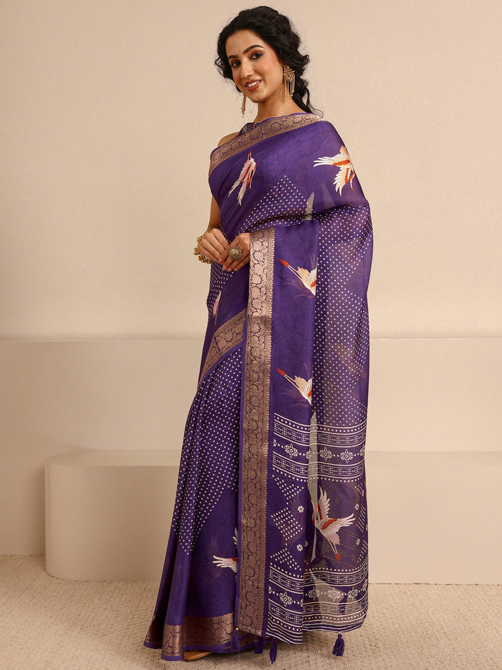 Purple Quirky Printed Silk Blend Saree With Unstitched Blouse Piece