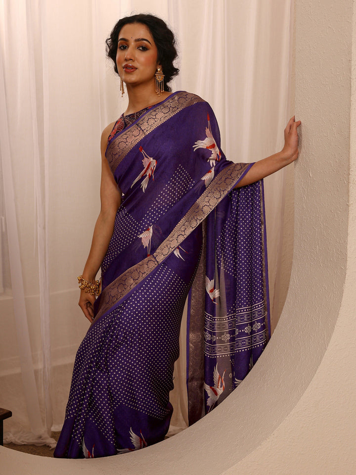 Purple Quirky Printed Silk Blend Saree With Unstitched Blouse Piece