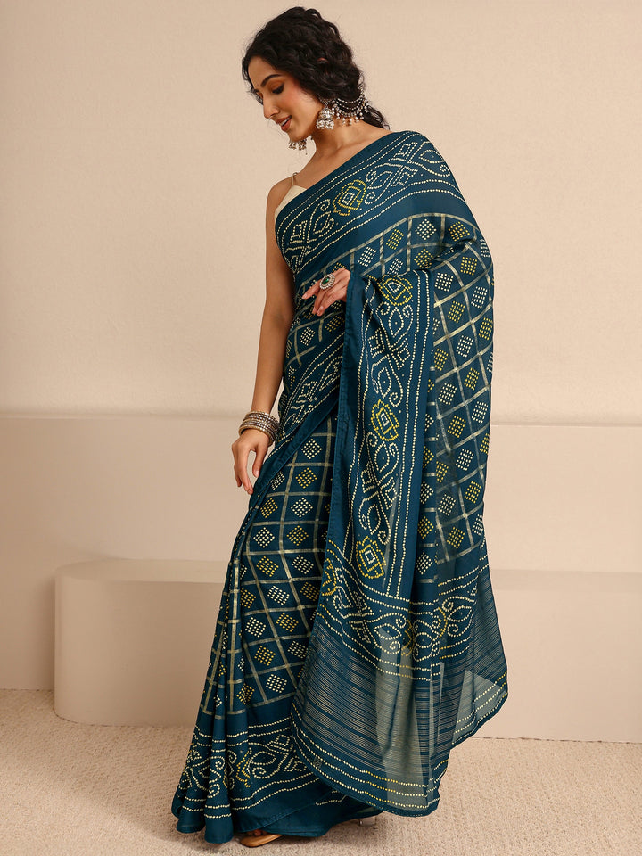 Navy Blue Quirky Printed Silk Blend Saree With Unstitched Blouse Piece