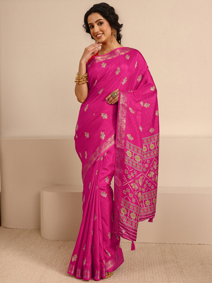Pink Woven Design Silk Blend Saree With Unstitched Blouse Piece