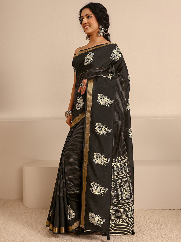 Black Ethnic Motifs Print Silk Blend Saree With Unstitched Blouse Piece