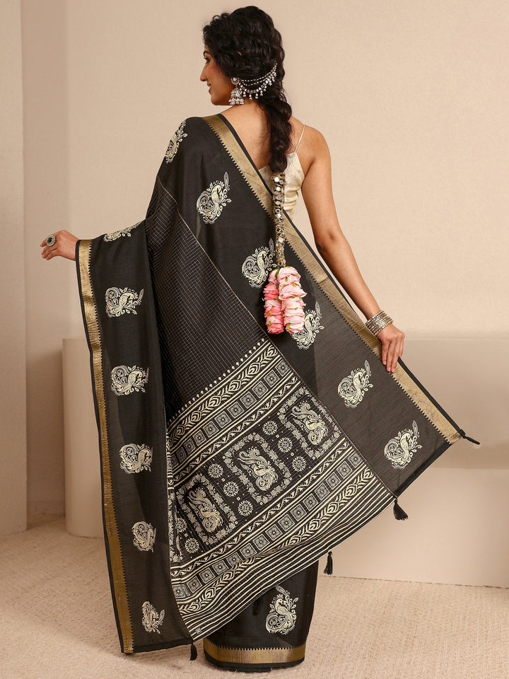 Black Ethnic Motifs Print Silk Blend Saree With Unstitched Blouse Piece