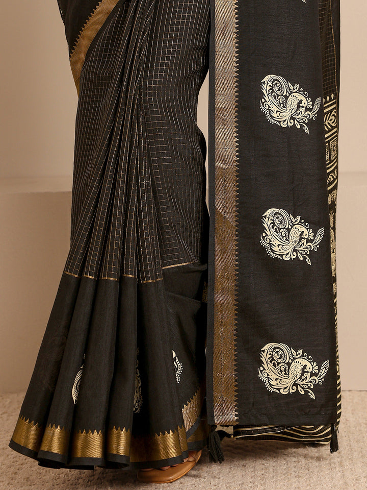 Black Ethnic Motifs Print Silk Blend Saree With Unstitched Blouse Piece