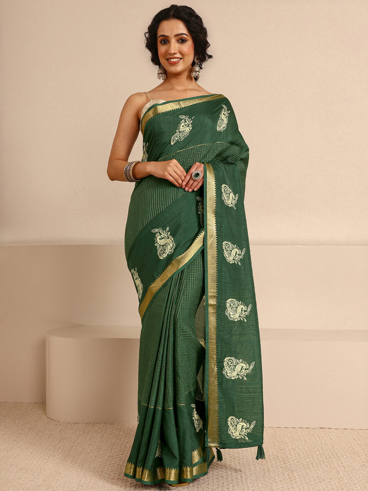 Green Ethnic Motifs Print Silk Blend Saree With Unstitched Blouse Piece