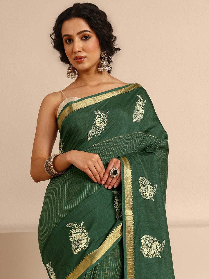 Green Ethnic Motifs Print Silk Blend Saree With Unstitched Blouse Piece