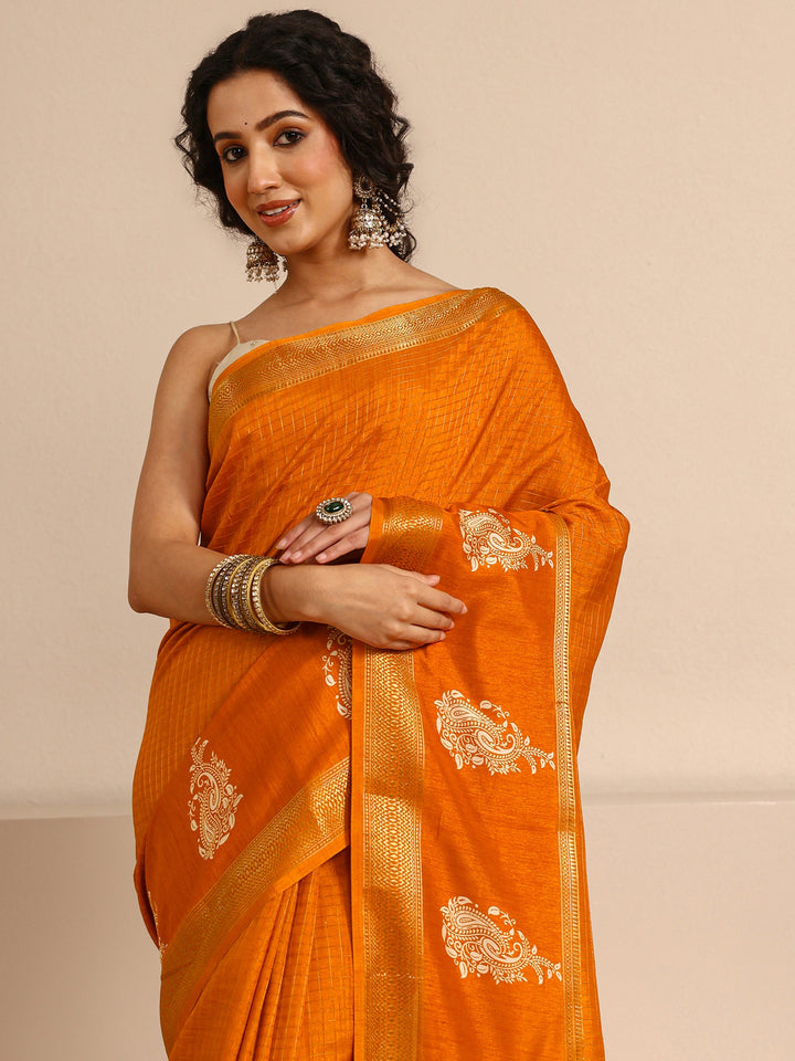 Orange Ethnic Silk Blend Saree With Unstitched Blouse Piece