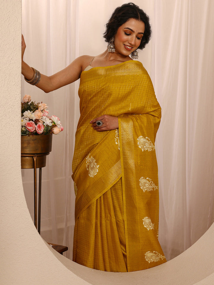 Mustard Paisley Print Silk Blend Saree With Unstitched Blouse Piece