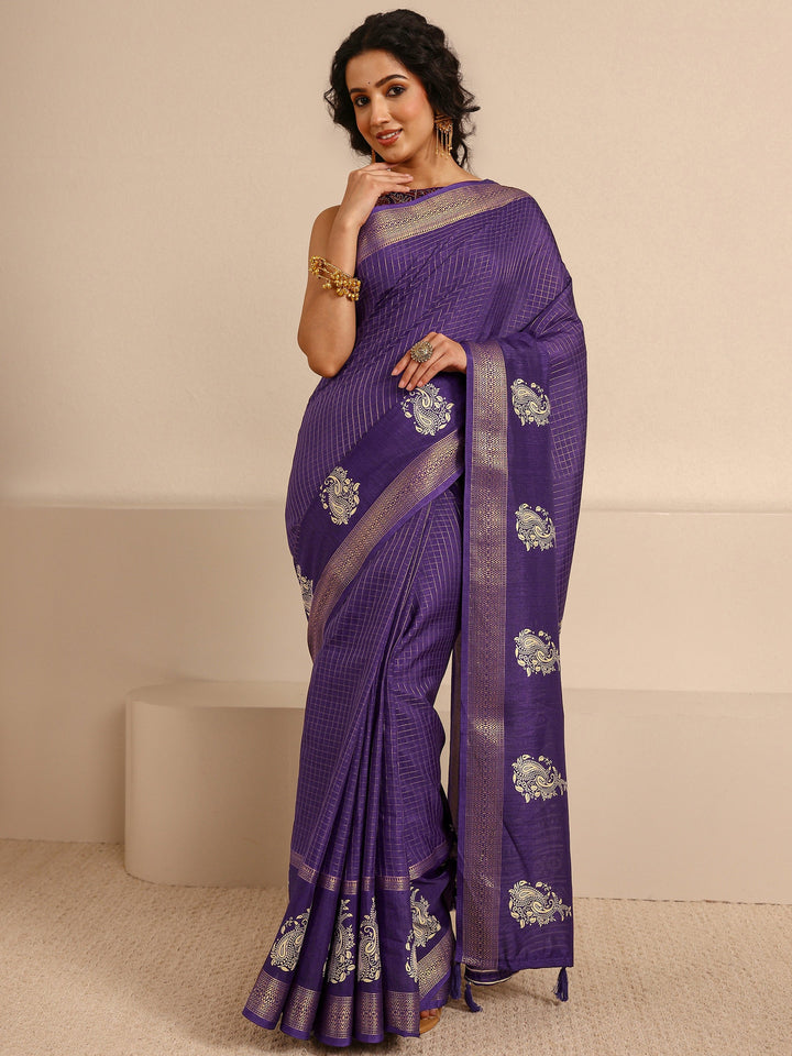 Purple Paisley Print Silk Blend Saree With Unstitched Blouse Piece