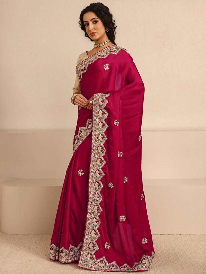 Libas Art Red Embellished Silk Blend Saree  With Unstitched Blouse Piece