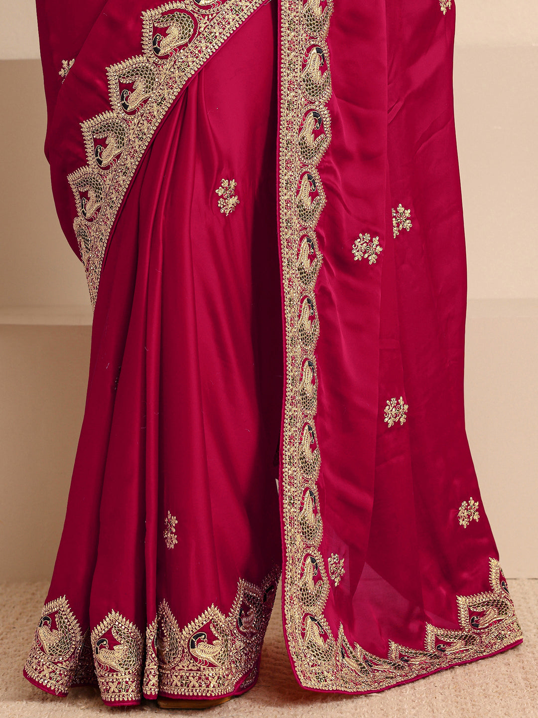 Libas Art Red Embellished Silk Blend Saree  With Unstitched Blouse Piece