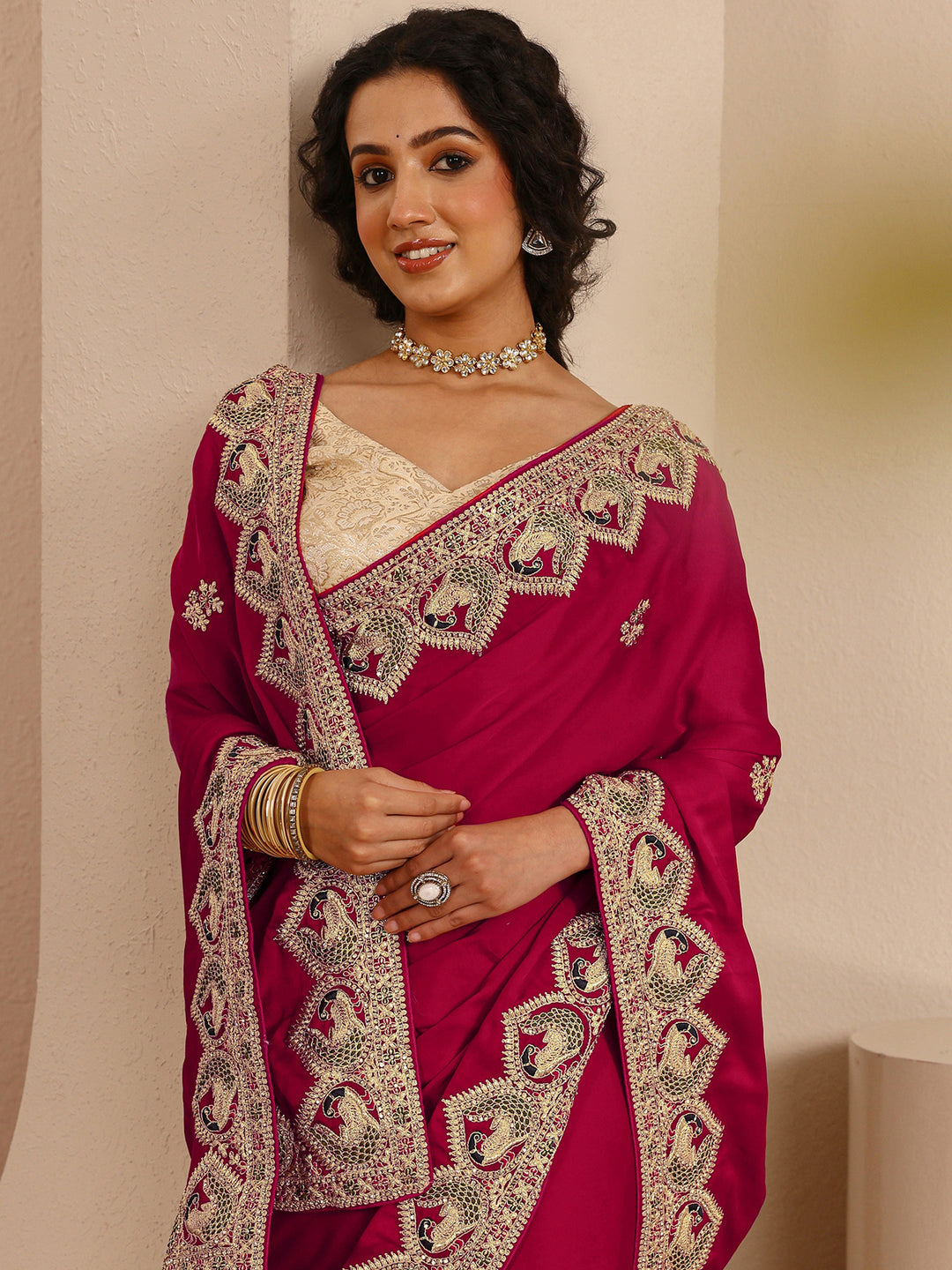 Libas Art Red Embellished Silk Blend Saree  With Unstitched Blouse Piece