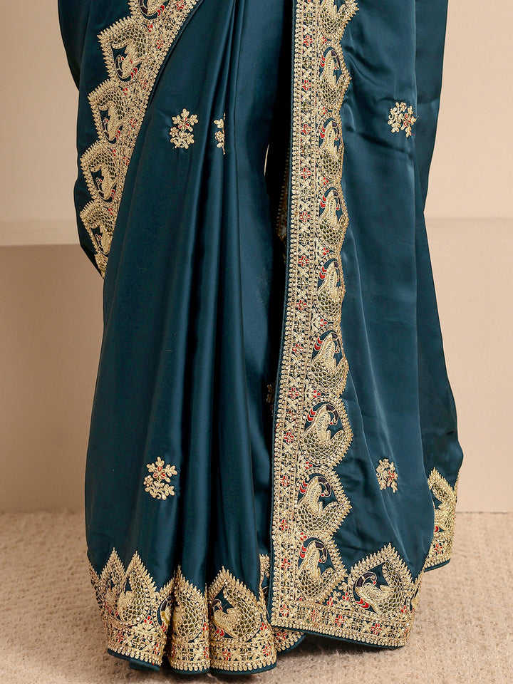 Libas Art Teal Embellished Silk Blend Saree With Unstitched Blouse Piece