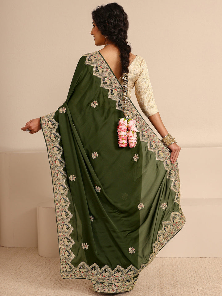 Libas Art Green Embellished Silk Blend Saree With Unstitched Blouse Piece