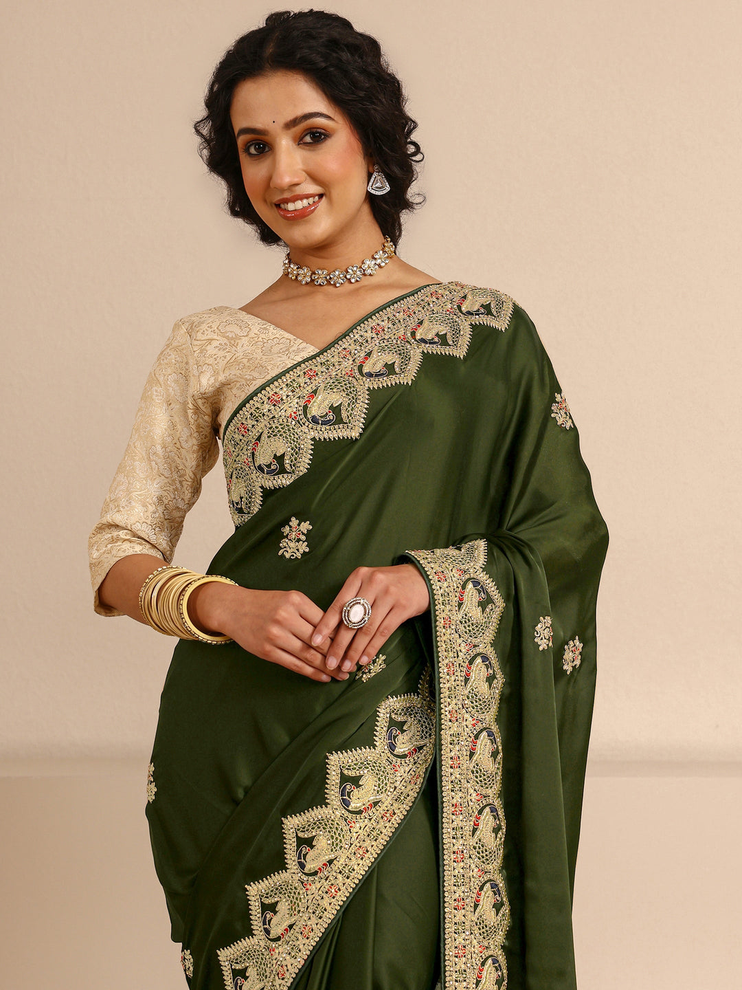 Libas Art Green Embellished Silk Blend Saree With Unstitched Blouse Piece