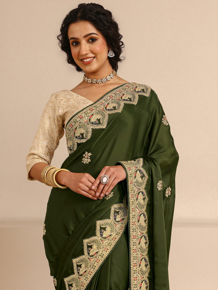 Libas Art Green Embellished Silk Blend Saree With Unstitched Blouse Piece