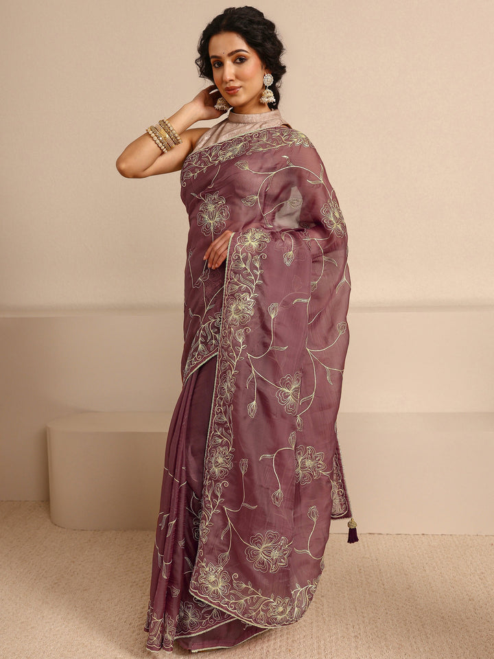 Mauve Floral Embellished Silk Blend Saree With Unstitched Blouse Piece