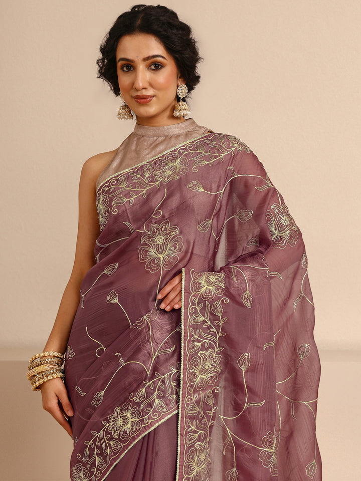 Mauve Floral Embellished Silk Blend Saree With Unstitched Blouse Piece