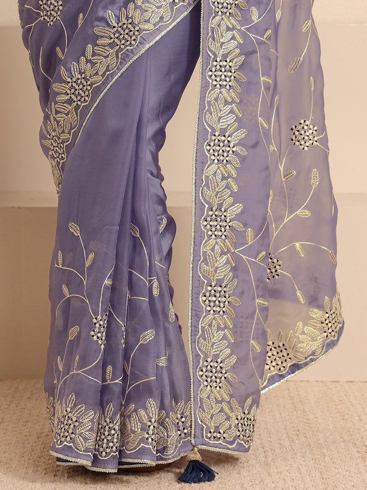 Lavender Floral Embellished Silk Blend Saree With Unstitched Blouse Piece