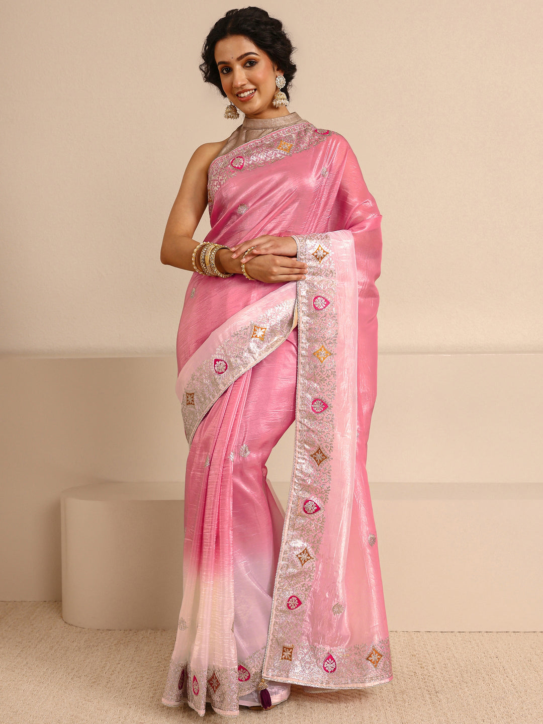 Peach Embellished Ombre Silk Blend Saree With Unstitched Blouse Piece