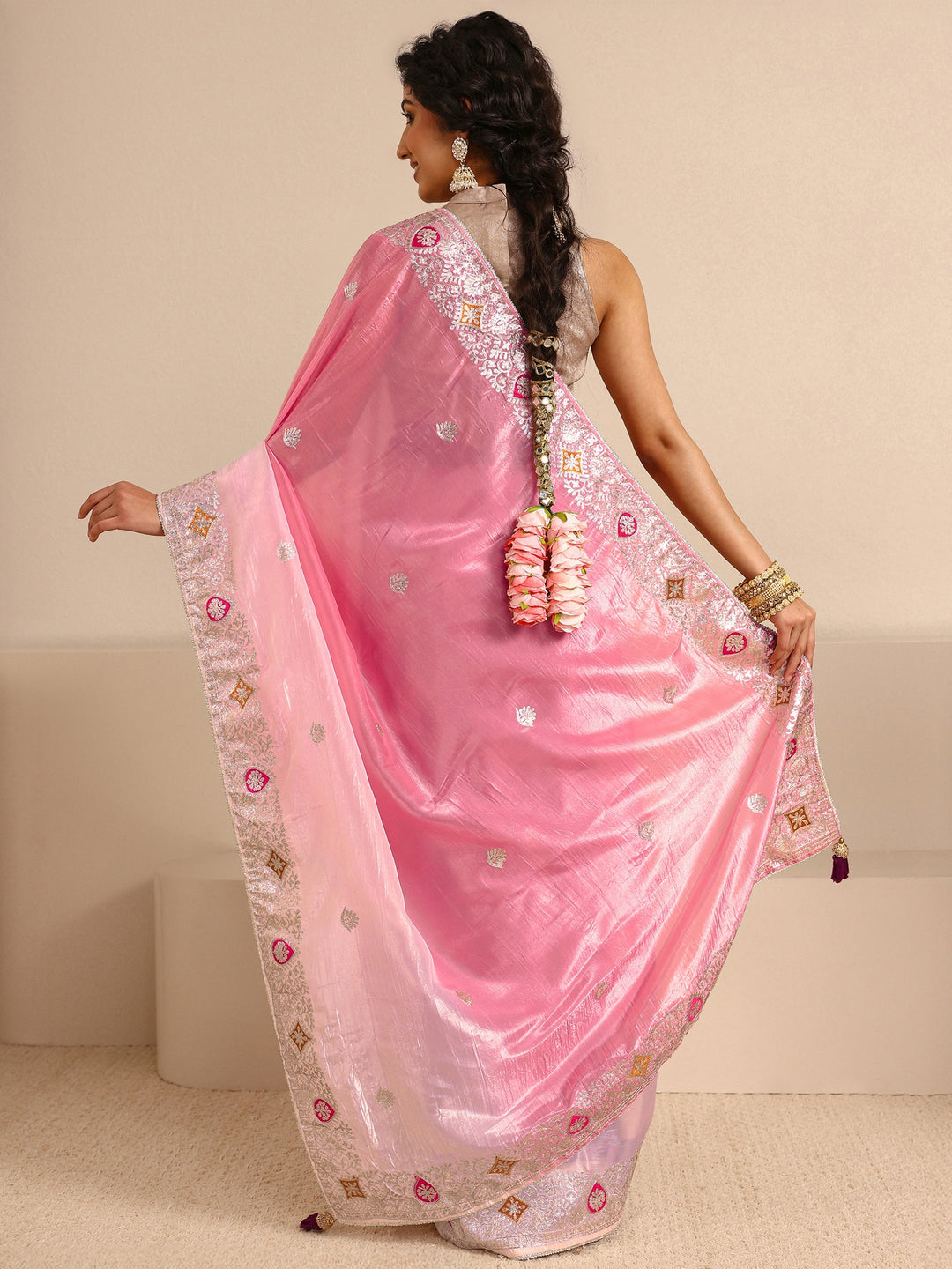 Peach Embellished Ombre Silk Blend Saree With Unstitched Blouse Piece