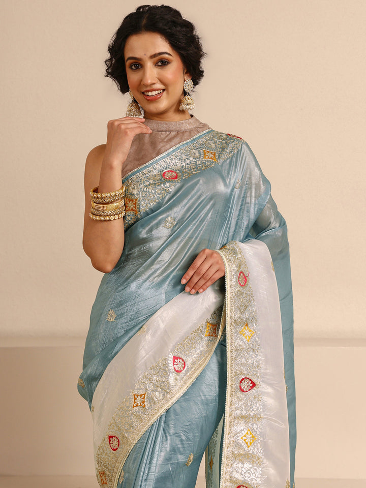 Blue Embellished Ombre Sheen Silk Blend Saree With Unstitched Blouse Piece