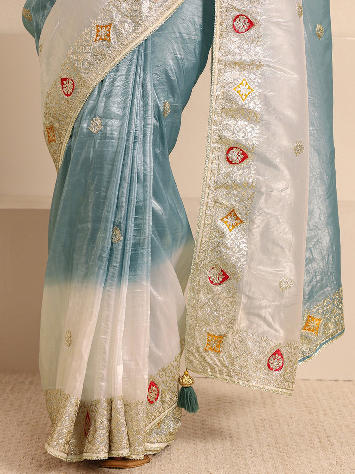 Blue Embellished Ombre Sheen Silk Blend Saree With Unstitched Blouse Piece