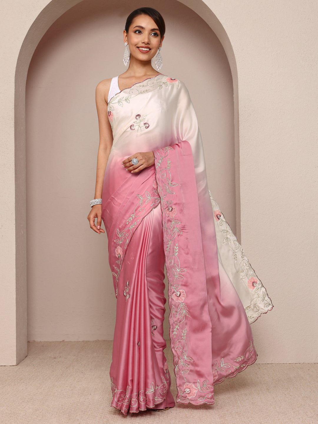 Pink Floral Embroidered Silk Blend Ombre Saree
With Unstitched Blouse Piece