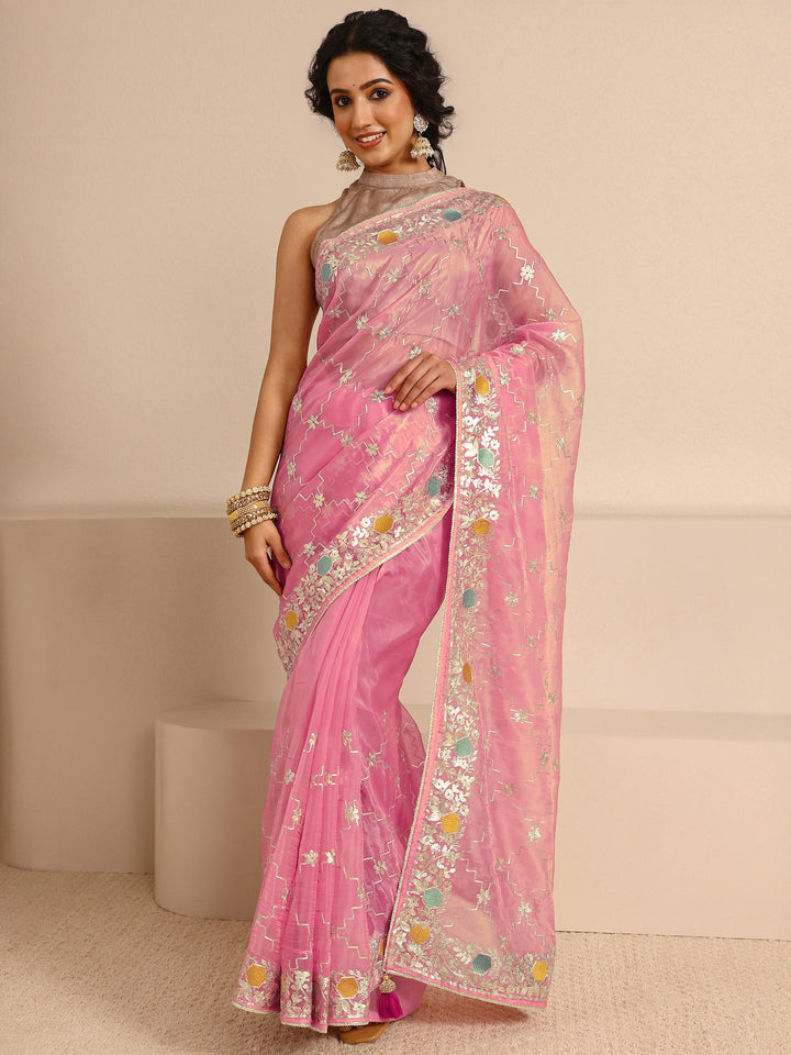 Pink Embellished Silk Blend Saree With Unstitched Blouse Piece