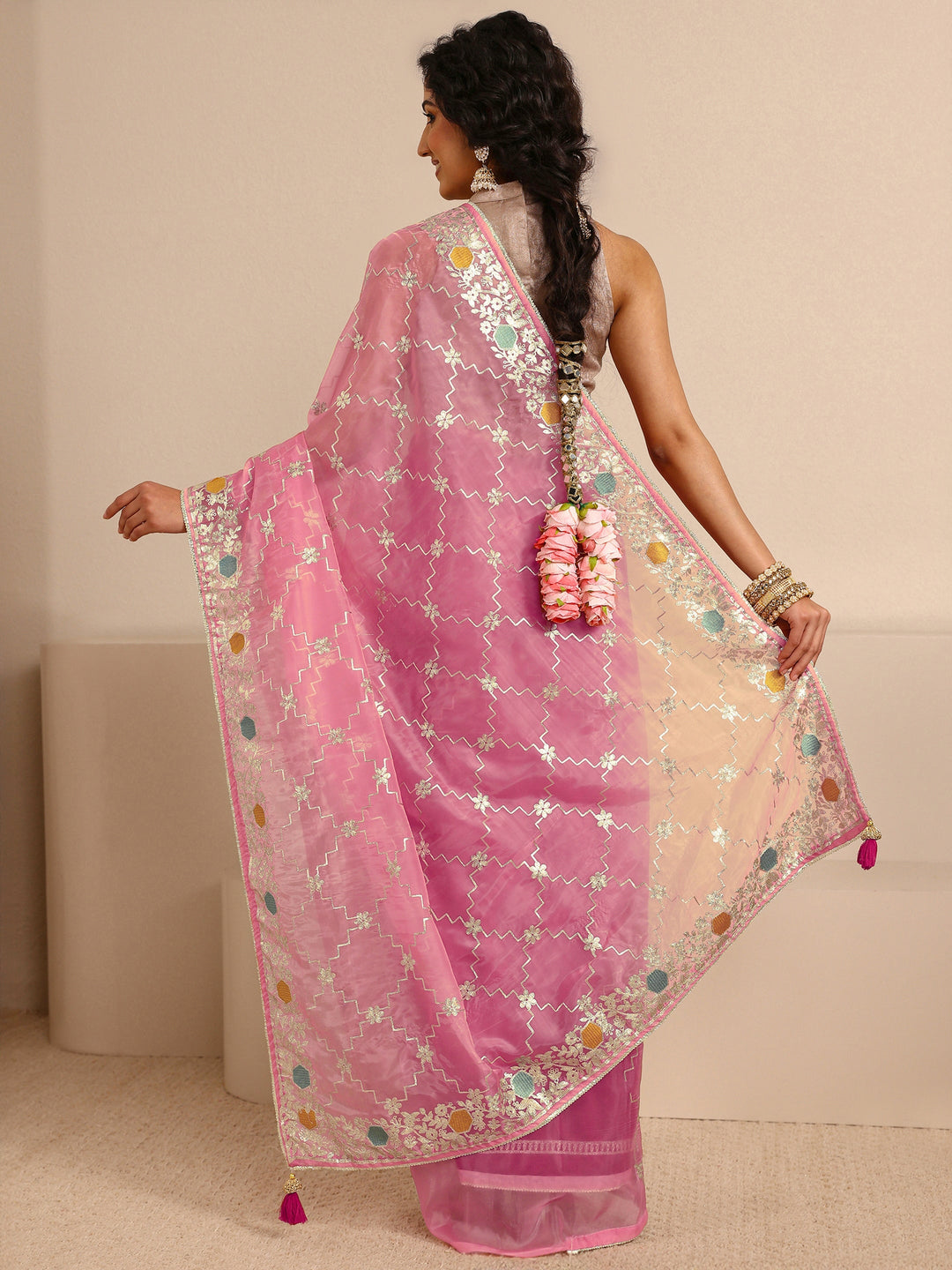 Pink Embellished Silk Blend Saree With Unstitched Blouse Piece