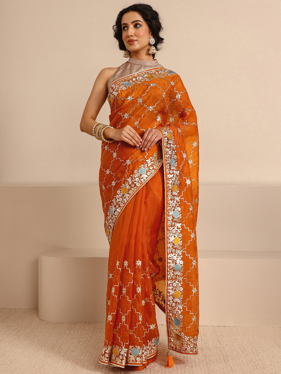 Orange Embellished Silk Blend Saree With Unstitched Blouse Piece