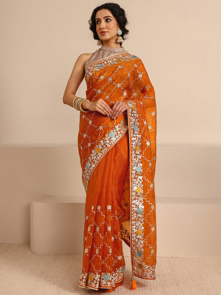 Orange Embellished Silk Blend Saree With Unstitched Blouse Piece