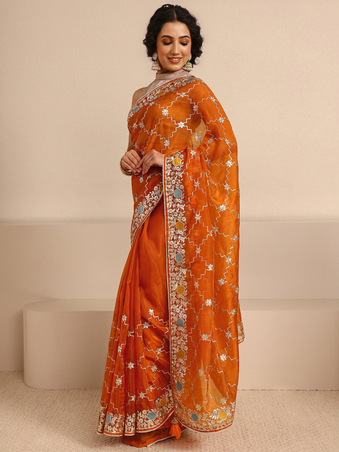 Orange Embellished Silk Blend Saree With Unstitched Blouse Piece