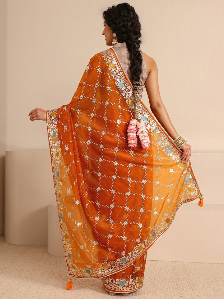 Orange Embellished Silk Blend Saree With Unstitched Blouse Piece