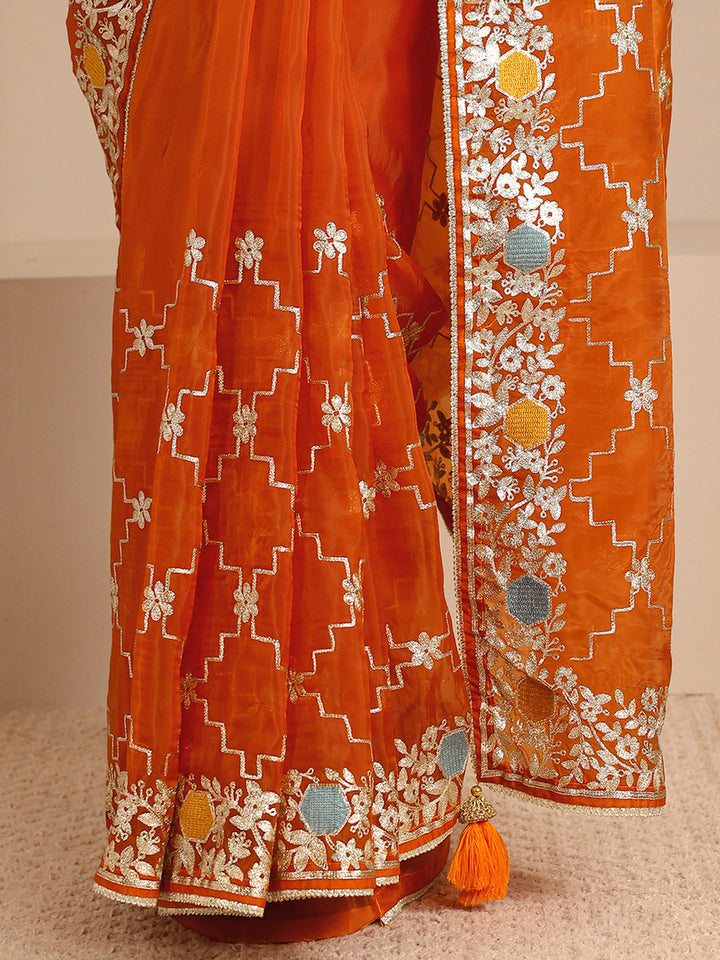 Orange Embellished Silk Blend Saree With Unstitched Blouse Piece
