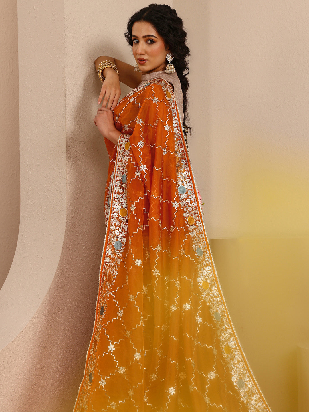 Orange Embellished Silk Blend Saree With Unstitched Blouse Piece