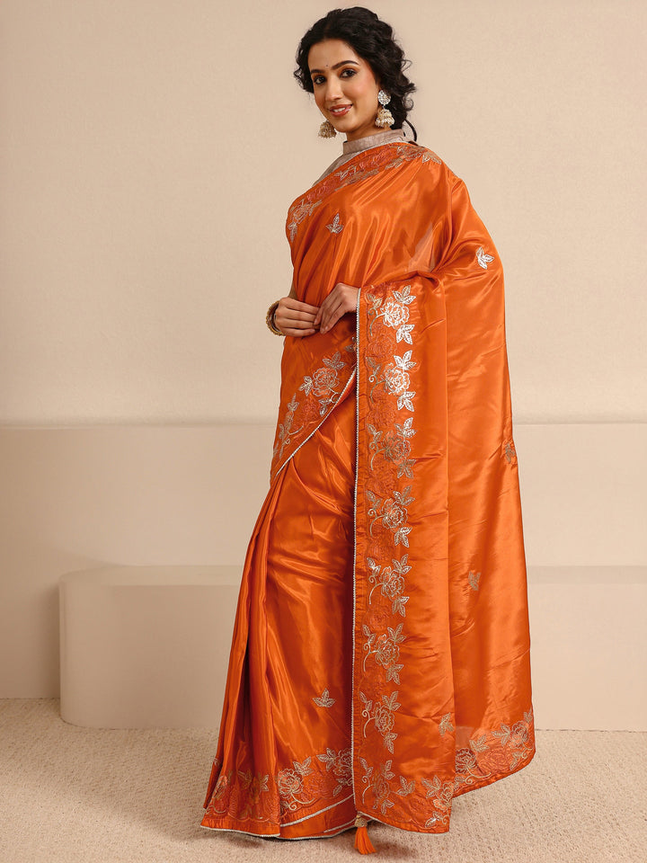 Orange Embellished Silk Blend Saree With Unstitched Blouse Piece