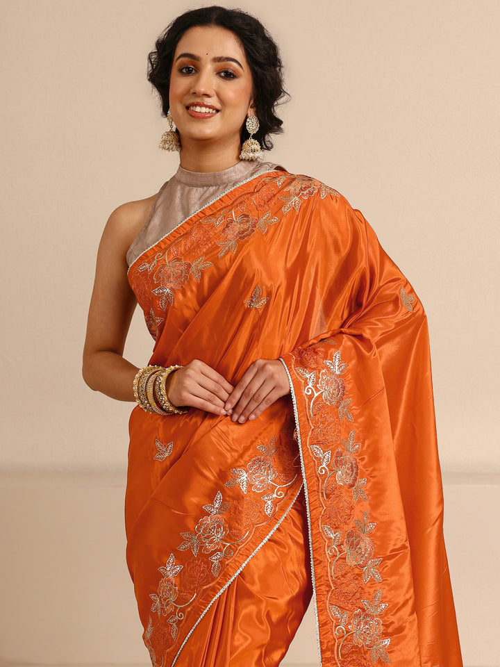 Orange Embellished Silk Blend Saree With Unstitched Blouse Piece