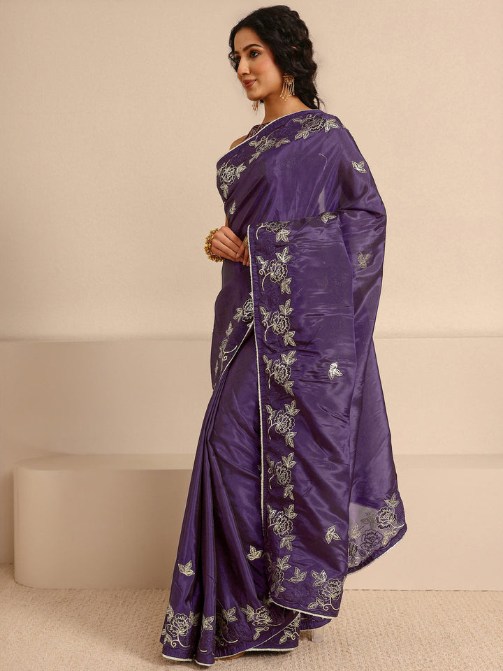 Purple Embellished Silk Blend Saree  With Unstitched Blouse Piece