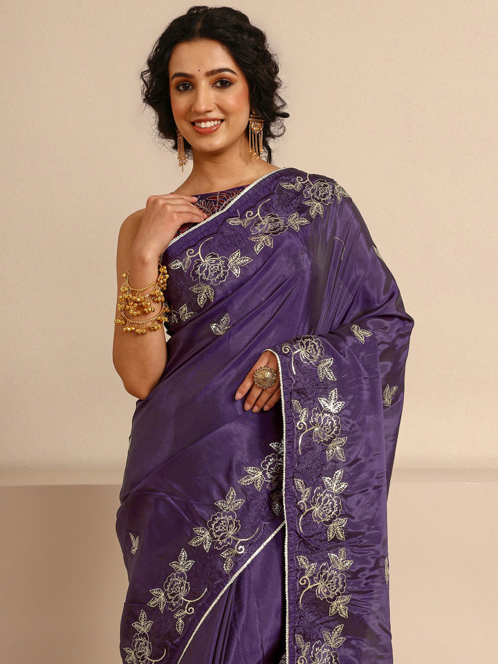 Purple Embellished Silk Blend Saree  With Unstitched Blouse Piece
