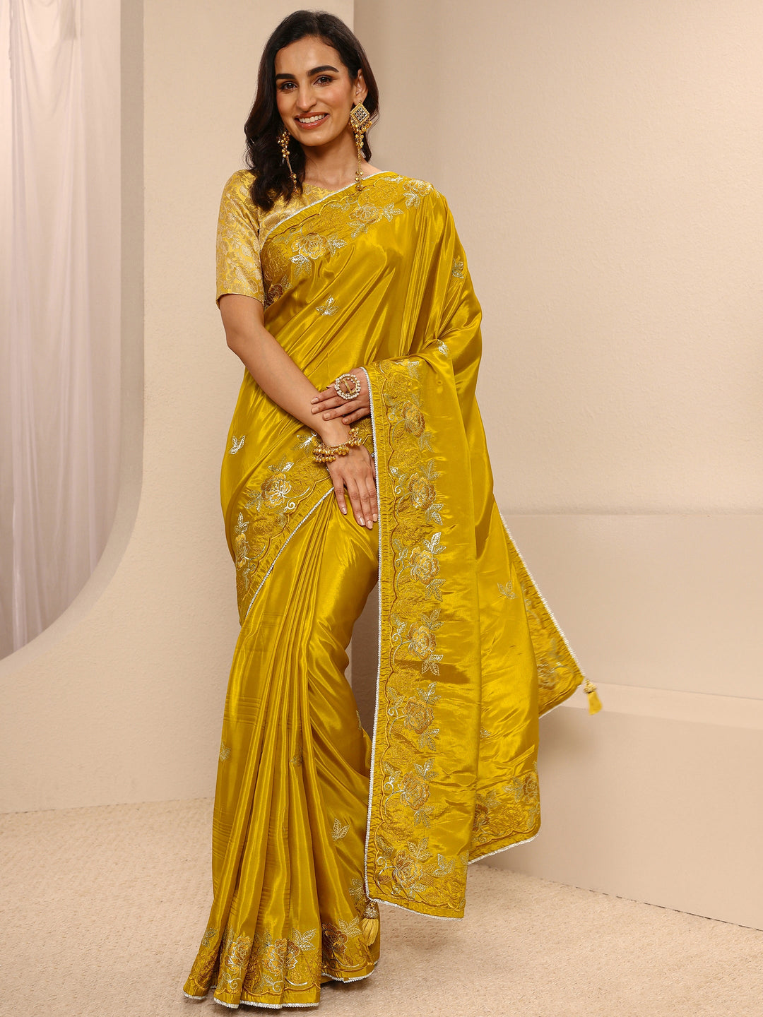 Mustard Floral Embroidered Silk Blend Saree  With Unstitched Blouse Piece